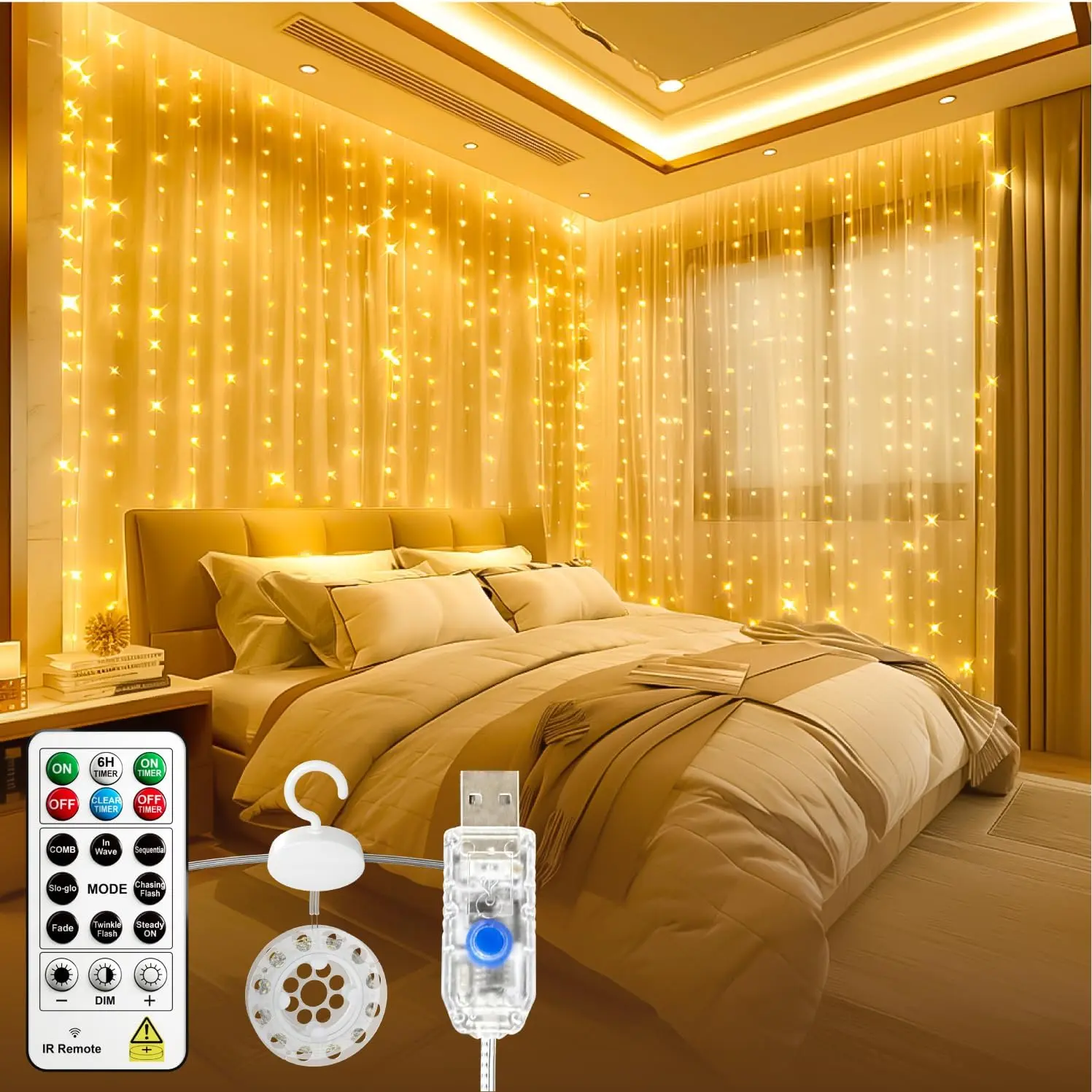 300 LED Curtain Lights 9.8×9.8Ft, USB Fairy Lights with Remote & Timer, 8 Modes Dimmable Warm String Lights for Bedroom, Window, Party Decor