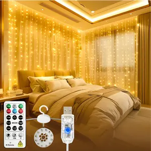 SINAMER 300 LED Curtain Lights 9.8×9.8Ft, USB Fairy Lights with Remote & Timer, 8 Modes Dimmable Warm String Lights for Bedroom, Window, Party Decor