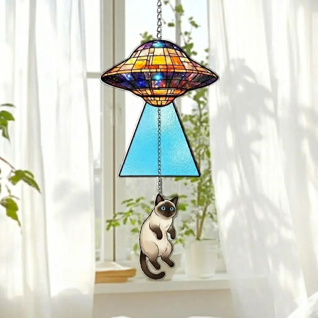 Cat & Plant Suncatcher: Holographic Acrylic Window Hanging
