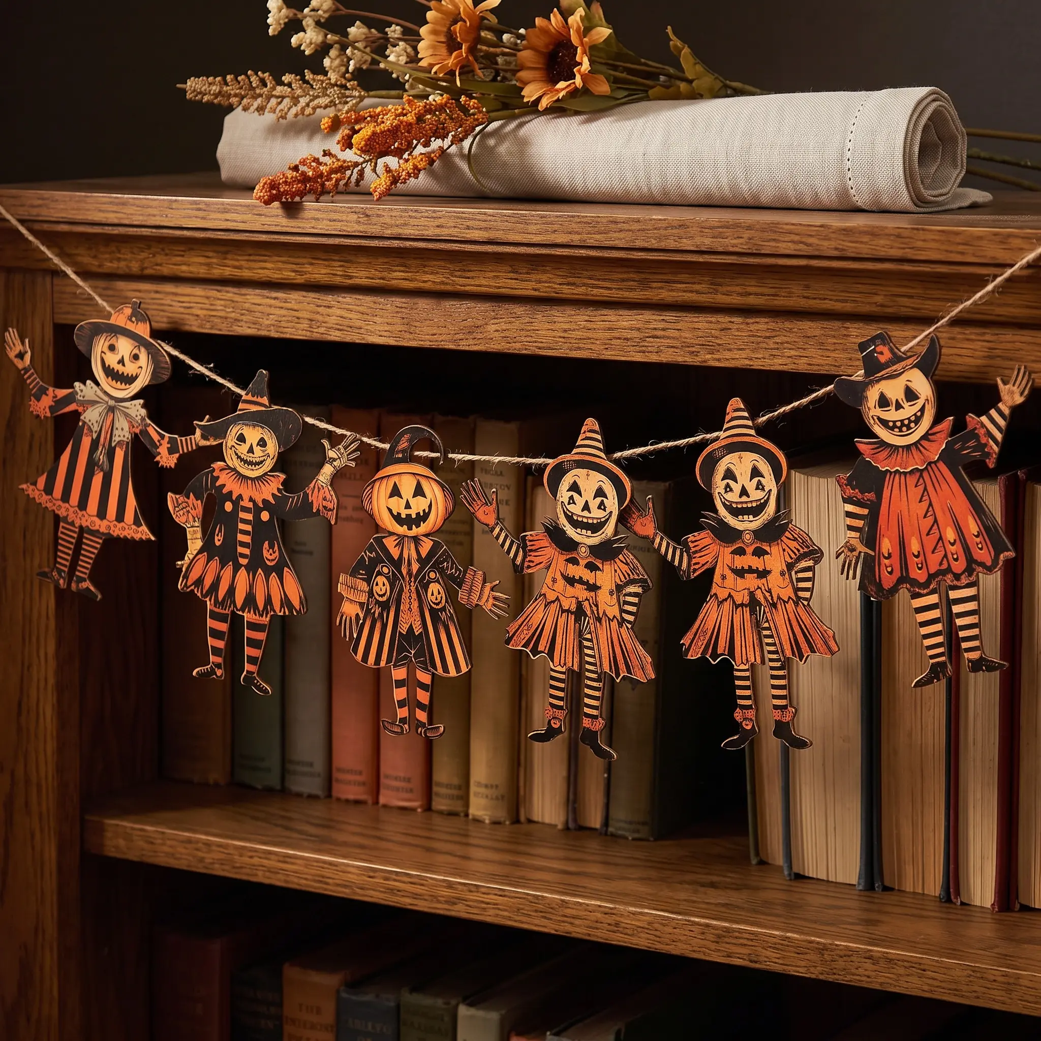 【Back to School】Retro Lightweight 6PCS 5.9in Halloween Wooden Garland Set Package, Includes 90cm Hemp Rope, Spooky Pumpkin Faces Hanging Decorations, Rustic Banner for Wall, Mantel, Party, Includes Rope-MM1, Figurine Shapes