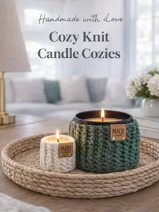 Cozy Knit Candle Cozy – Handmade Candle Sleeve in Cream & Forest Green | Farmhouse & Cottage Decor for Living Rooms & Entryway Consoles