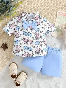 Boys' Cartoon Rabbit Print Coordinated Shirt Set, Full-Egg Carrot Unique Pattern, Detachable Blue Charming Bow Tie, Elastic Waist Shorts, Spring & Fall Casual Wear
