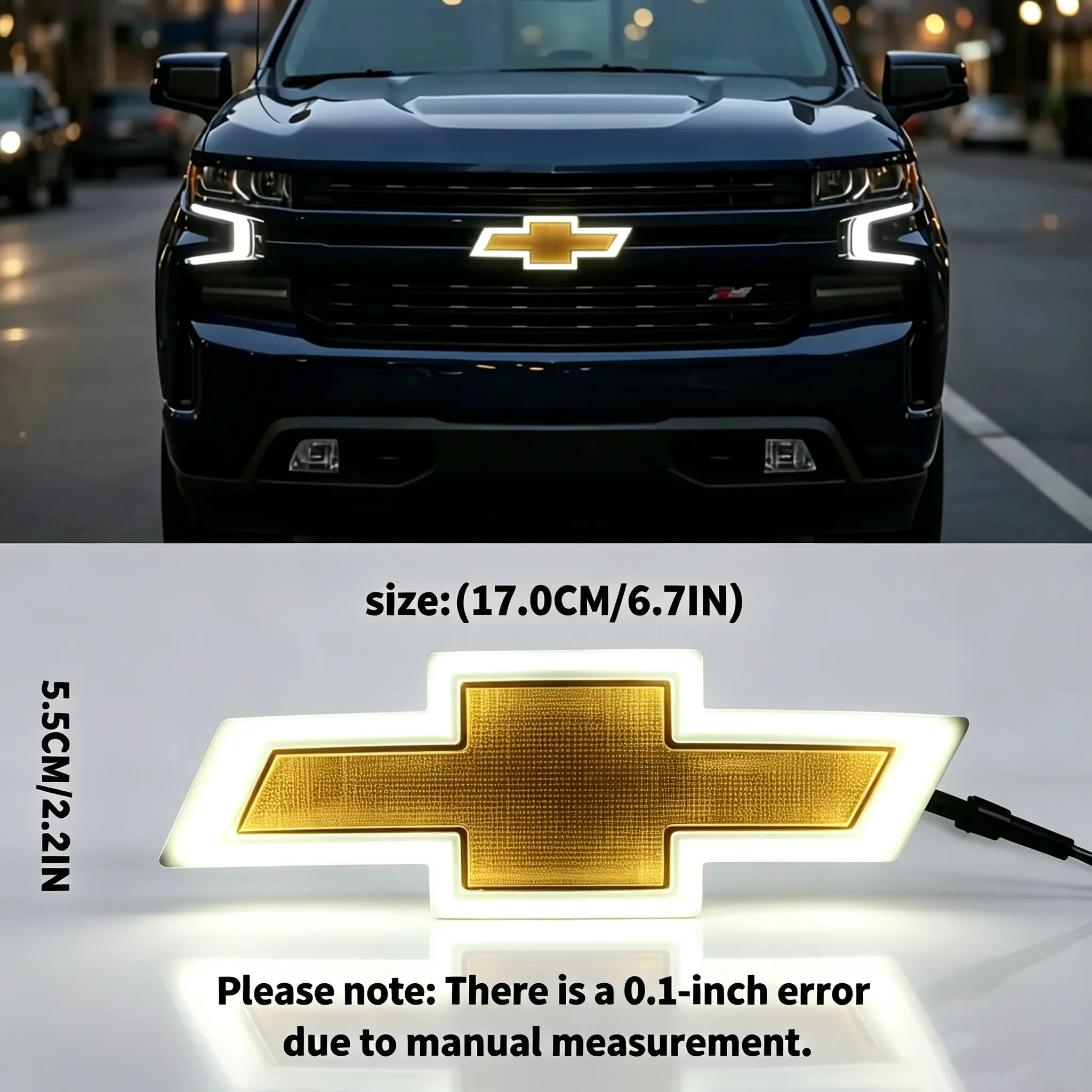 4D LED illuminated bow badge light, waterproof 12V, glows; Chevrolet rear grille emblem; multicolor (white/blue/red); compatible with various vehicle models; customizable car exterior modification accessory