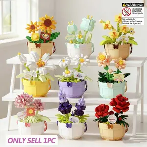 Rose Sunflower Plant Bouquet Building Block Set, Diy Fake Flowers, Creative Gift Toy, Suitable for Mother's Day, Home Office Decor, Birthday Present