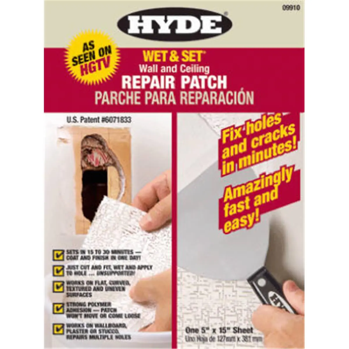Hyde Tools 09910 5x15 in Rectangle Drywall Repair Patch - Cut-to-Fit Drywall Repair Sheet, Wet-Set Solution for Wall & Ceiling Patching, Fixes Holes/Cracks Quickly, Works on Painted Wood, Stucco & Plaster, 0.09 lbs, 1 Sheet, 5 X 15 In, Fix Holes And Crack