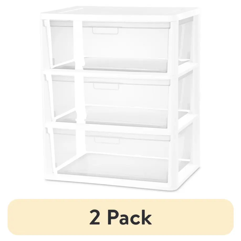 (2 pack) Sterilite Wide 3 Drawer Tower, Plastic Storage Organizer with Removable Clear Bins, Easy Assembly, No Tools Needed, White