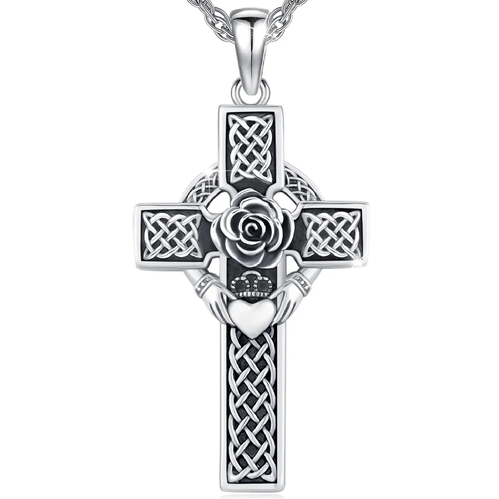 DRINSPER 925 Sterling Silver Cross Pendant Necklace With Celtic Knot Design, Celtic Cross Pendant Necklace with Rose and Irish Claddagh, Cross Necklace Jewelry Gift for Men Women, Religious Jewelry Gifts for Christmas Anniversary Holiday Graduation
