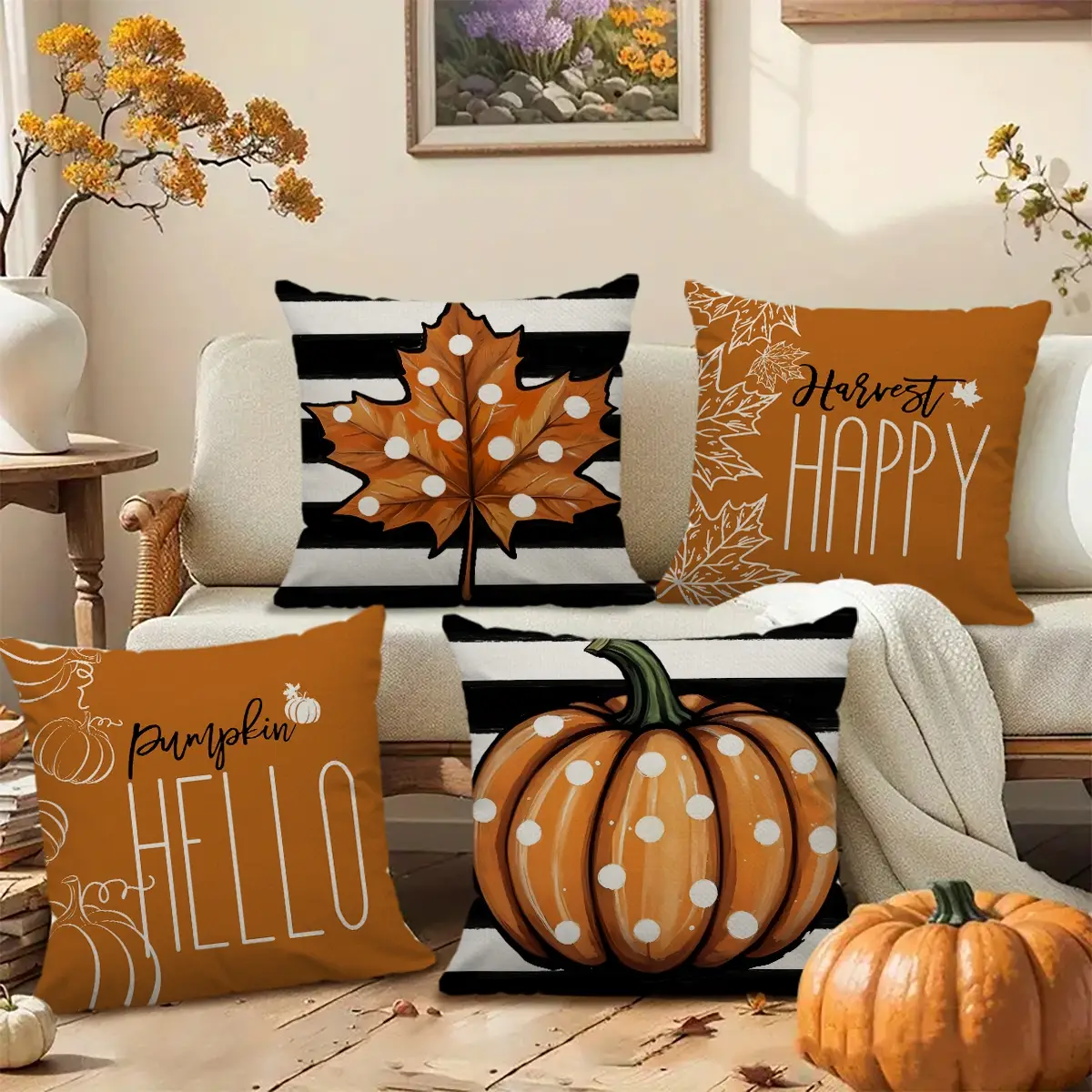 4-Piece Autumn Harvest Farmhouse Pillowcase Set 18x18 Inches, Fall Decor with Maple Leaves and Pumpkins, Thanksgiving Living Room Cushions