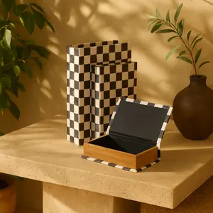 Set of 3 Black Faux Leather Checkered Faux Book Storage Decorative Box with White and Metallic Gold Accents