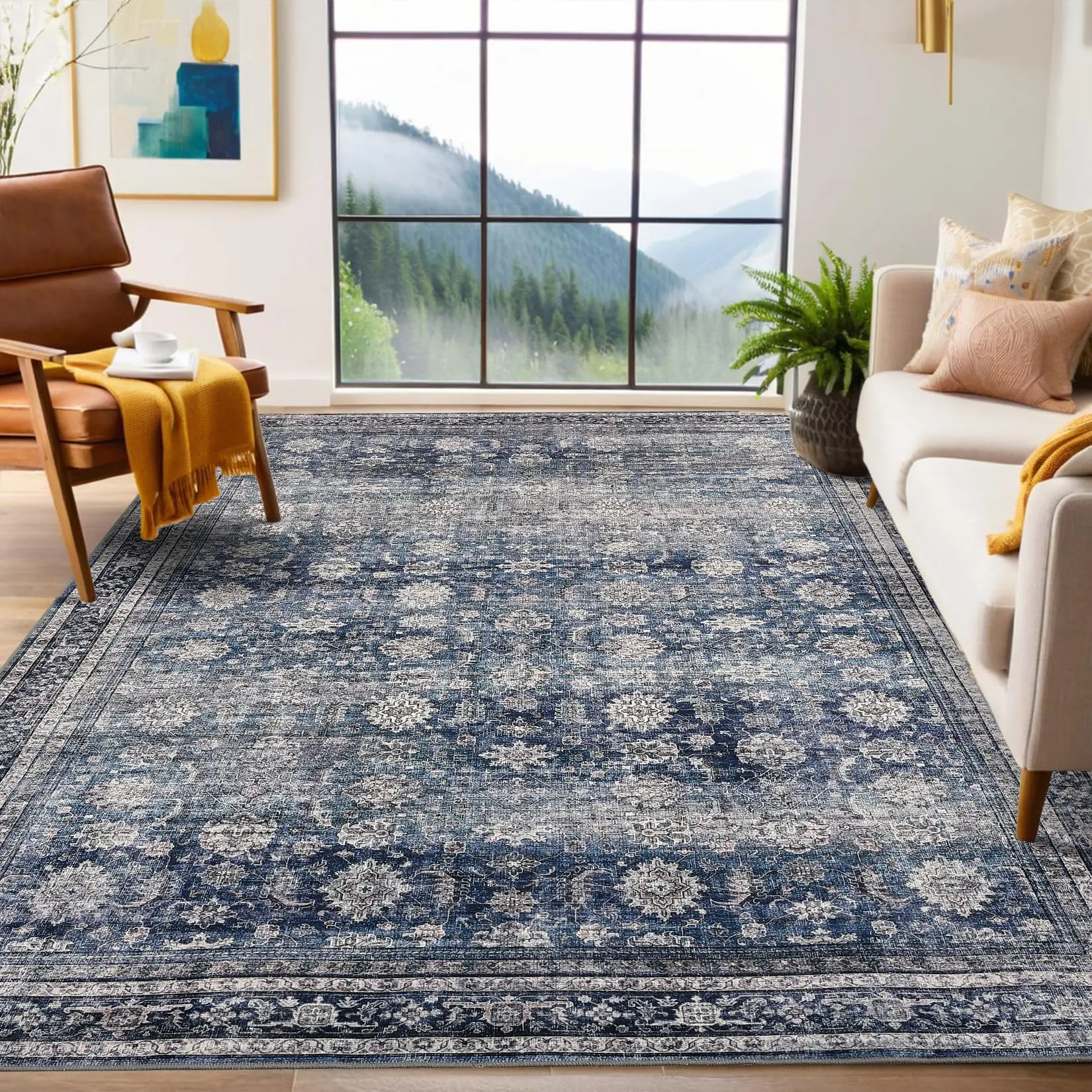 Garvee 5x7 Washable Rug Vintage Floral Distressed, Non-Slip Low Pile Area Rugs for Living Room, Stain Resistant Machine Washable Carpet for Bedroom Office, Blue