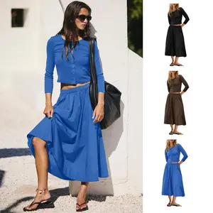 SCUSTY Women's Two-Piece Skirt Sets 3/4 Sleeve Knitted Tops with Elastic Waist Midi Skirt Set Casual Matching Vacation Outfits