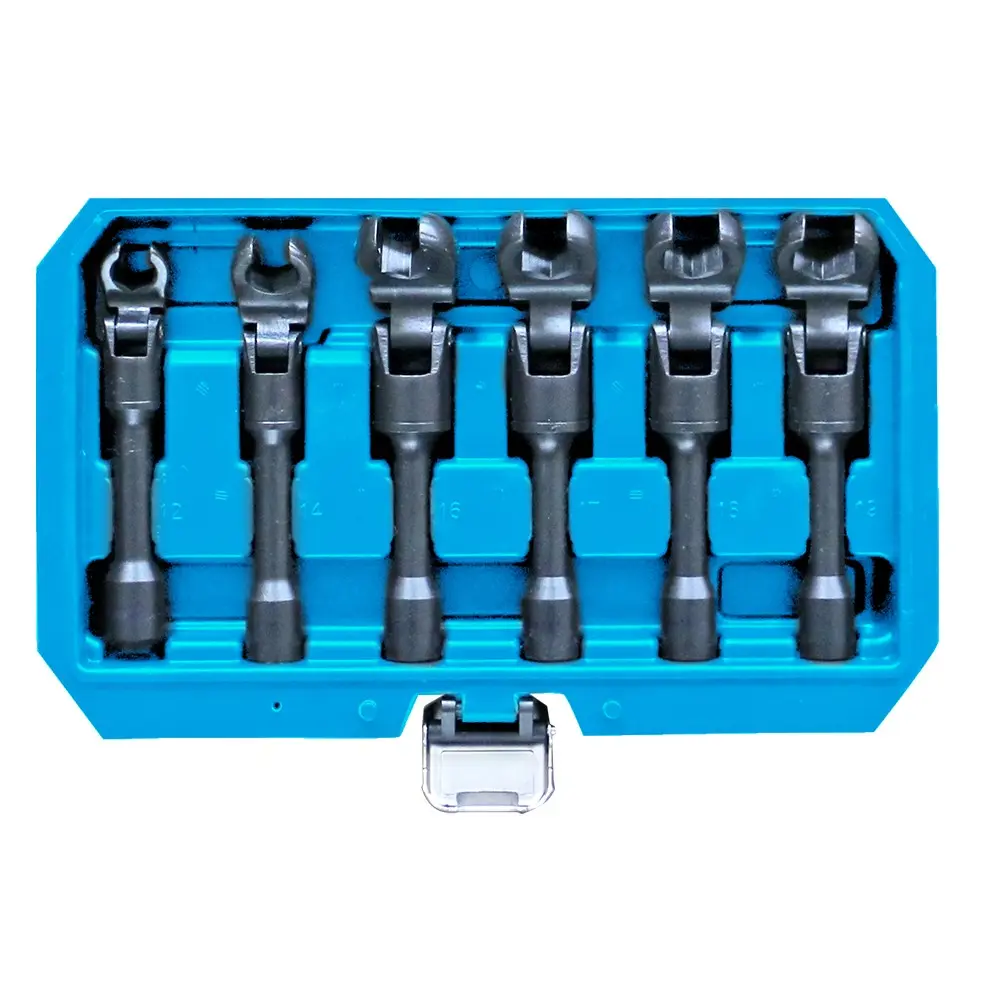 6PCS Long Flex Head Crows Foot Line Wrench Set, 3/8" Drive Injector Fuel Line Sockets Wrench Set, Crowfoot Flare Nut Socket Wrench Metric 12 14 16 17 18 19 mm, Flexible Wrench, Multifunctional Wrench Set, Socket Wrench Kit