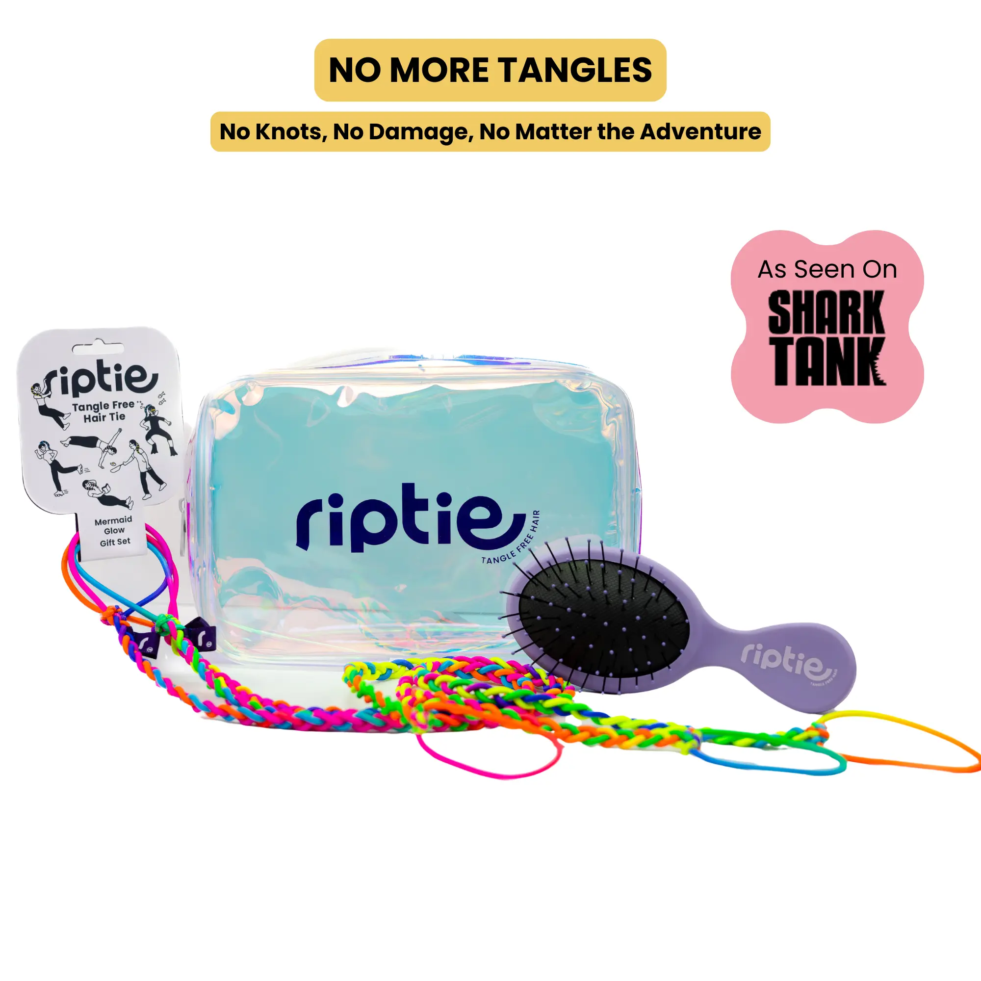Rip Tie Mermaid Glow Hair Ties Gift Set with Bag & Brush Tangle-Free Hair Tie for Women, Nylon Hair Elastic - As Seen on Shark Tank - 3 Hair Ties, Bug & Brush Hair Accessories