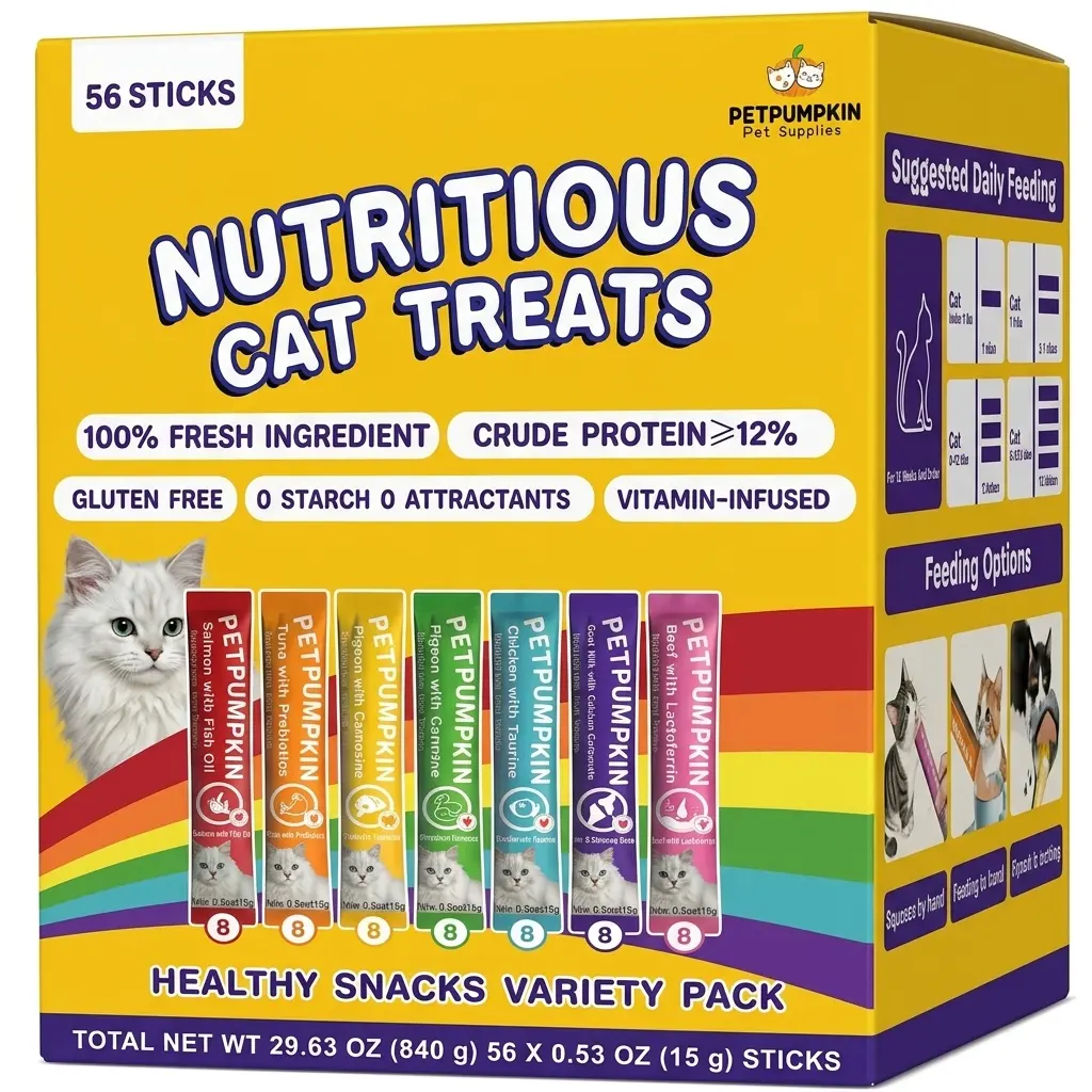 [56 STICKS]7-Flavor Lickable Cat Treat Paste - Grain-Free, Gum-Free, with Probiotics, Taurine & Multivitamins for Heart, Coat, Digestion & Immune Support (56 Sticks, Variety Pack)