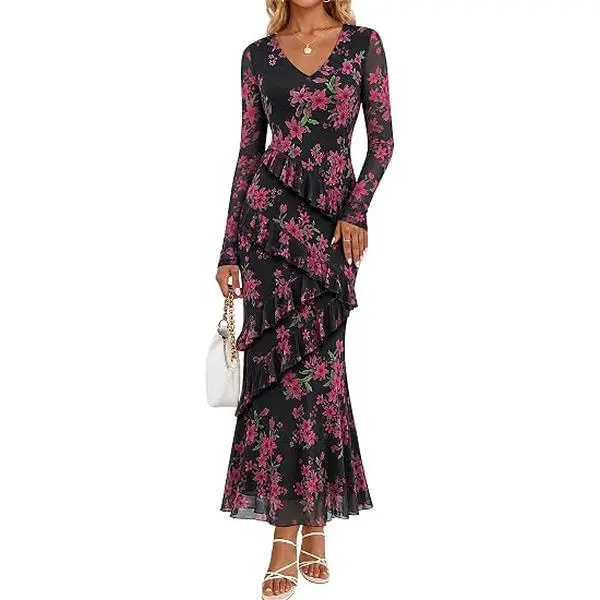 MEROKEETY Womens Fall Wedding Guest Floral Long Sleeve Bodycon Maxi Dress | 2026, Formal, V Neck, Ruffle Trim, Cocktail Party, Rehearsal Dinner, Bridal Shower, Baby Shower, Engagement, Long Dresses