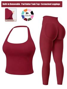 two-piece set women's solid seamless crop tank top & high waist leggings tracksuit set, sporty casual breathable comfortable outfits for yoga gym workout running, ladies sportswear for all seasons, yoga clothes set, workout gym clothing