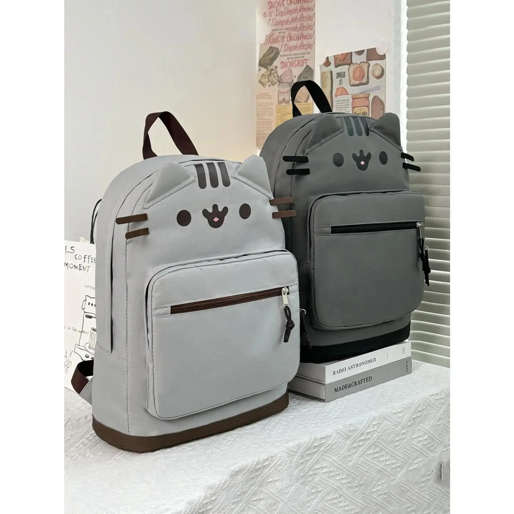 Viral Kawaii Pusheen Grey Cat Backpack with 3D Ears, Cute Look Cat Face, Lightweight Water-Resistant Gym Bag for Teen Girls, Daily Use Aesthetic Back to School GiftHalloween gift