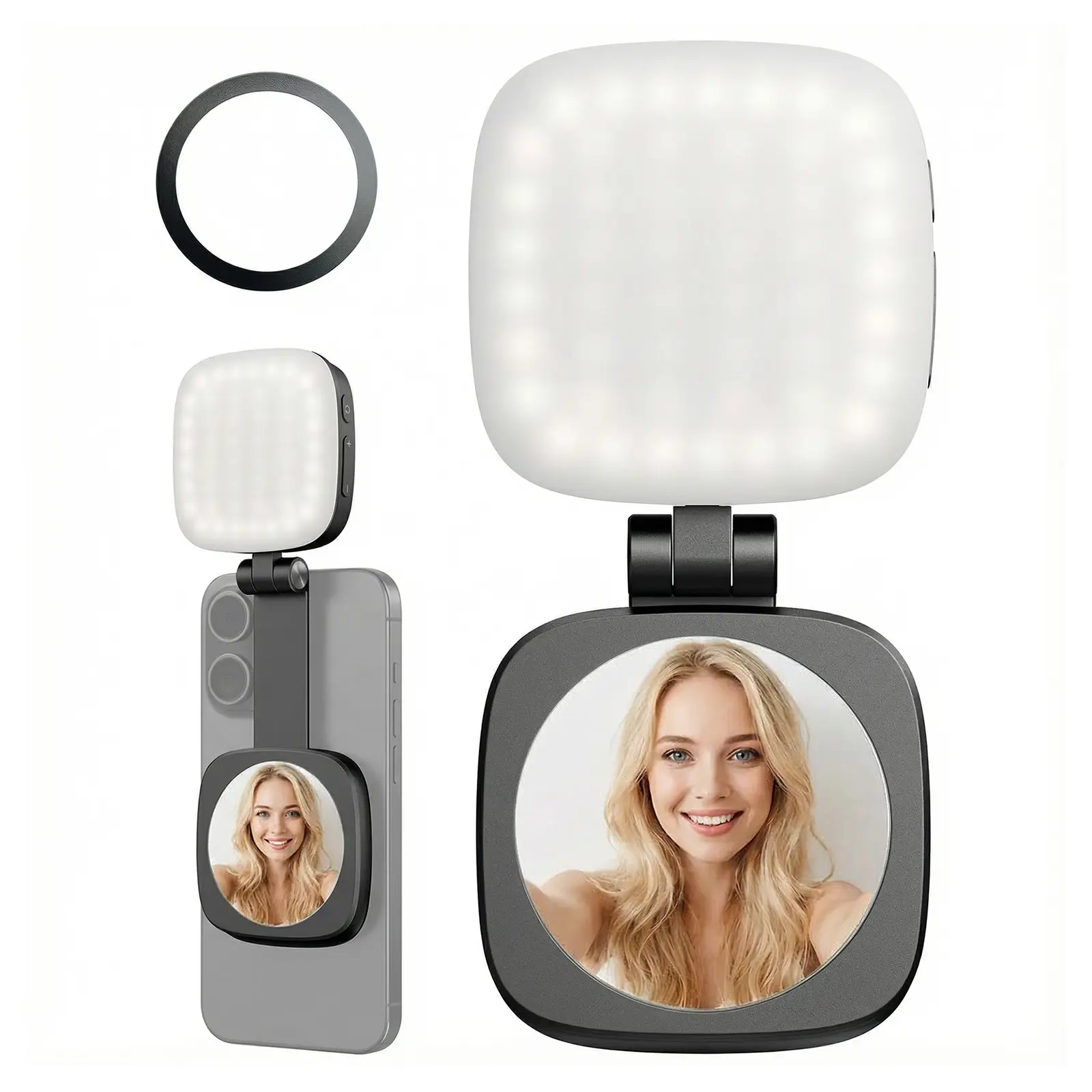 Portable Selfie Light - Rechargeable Folding LED Fill Light with Built-in Mirror, Magsafe-Compatible Smartphone Cellphone Accessory for Makeup, Photography