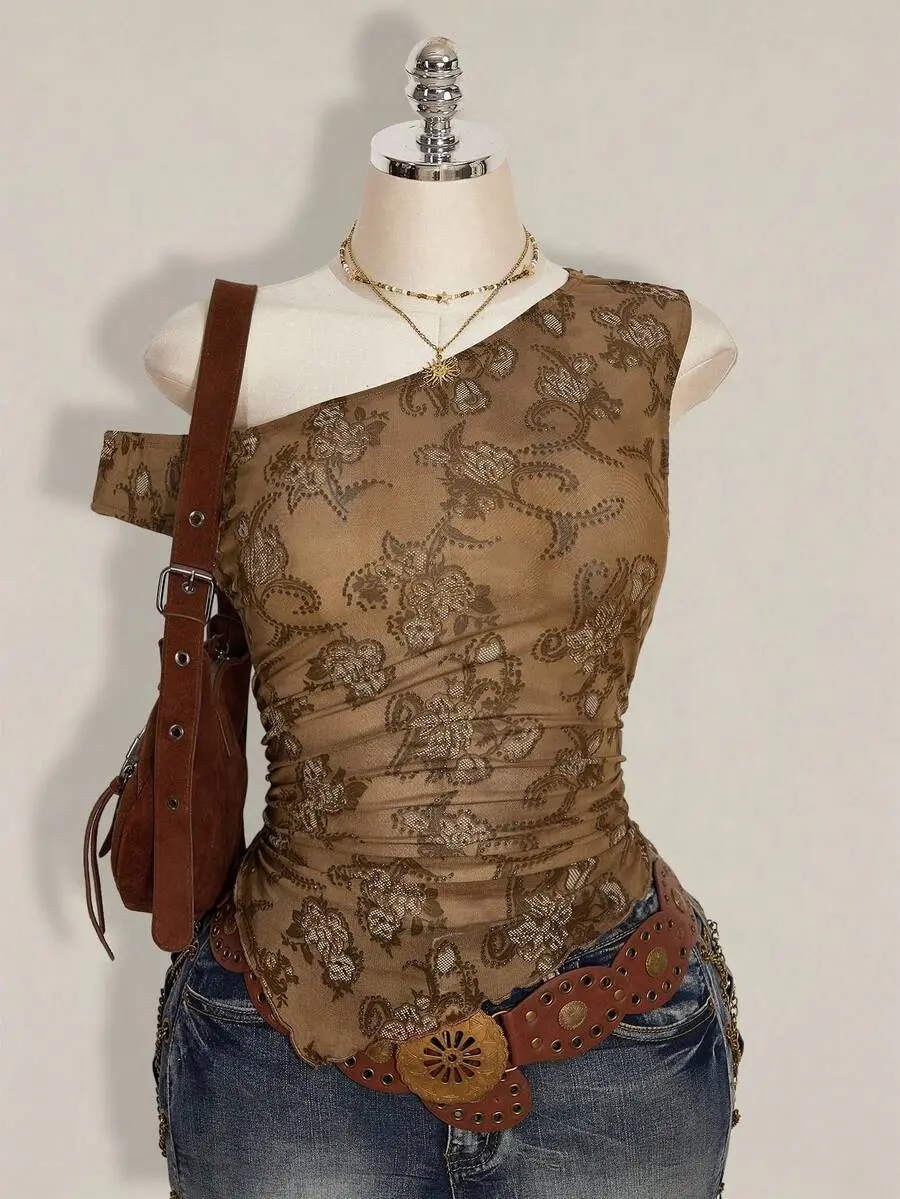 Plus Size Vintage Y2K Asymmetric Collar Sheer Top,Khaki,Summer,1920s,Date Night,Asymmetrical Hem Boho Western Cowgirl Top