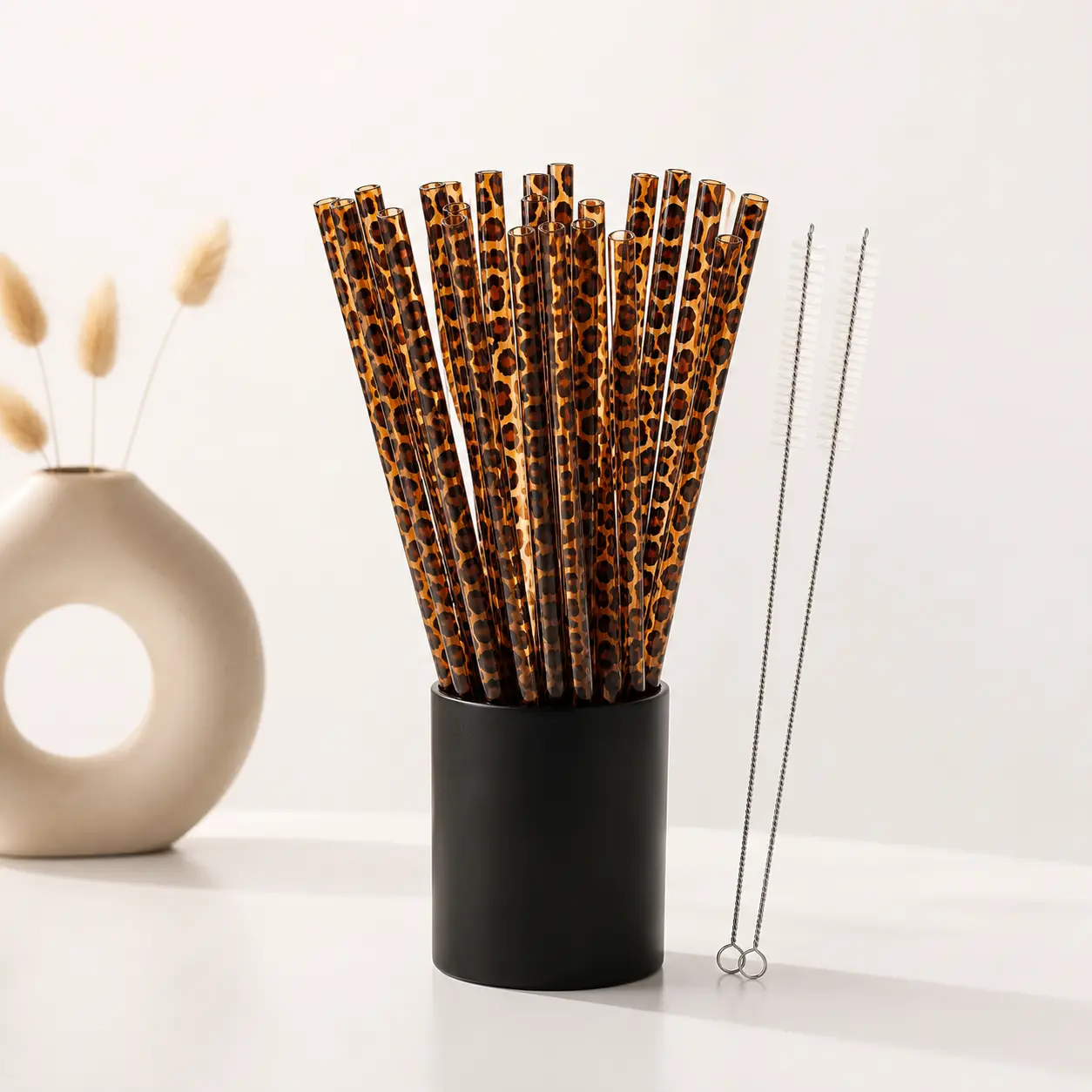 Stylish Reusable Cheetah Print Plastic Drink Straws Bulk - 20/40/60Pcs With Cleaner Brush For Safari Wild Birthday Tumbler Party Favors