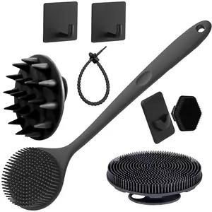 8-Piece Bath Brush Set, Long Handle Hair Brush, Silicone Massage Comb, Body Brush, Hexagonal Face Brush, Hook and Silicone Band Included, Body Scrubber