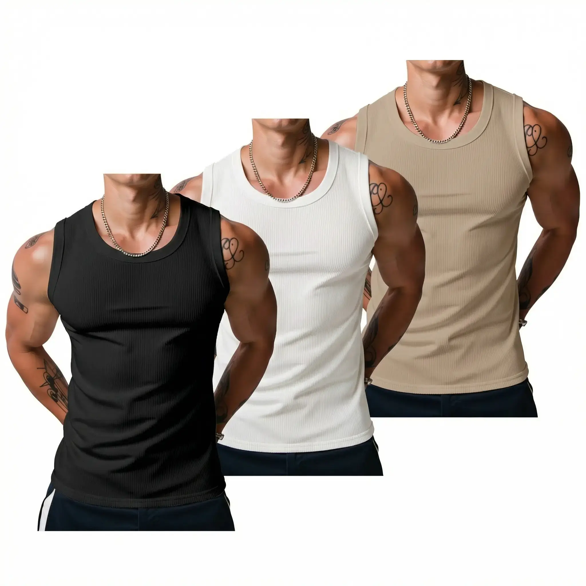 Gihuo 3Pcs Men's Ribbed Tank Top Wide Strap High Stretch Breathable Muscle Shirt Heavyweight Drapey Fit Sleeveless for Gym & Casual Workout Gym Clothing Sports Apparel