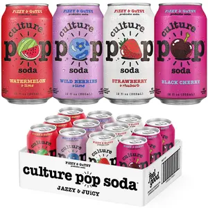 Culture Pop Soda JAZZY & JUICY Variety Pack - Strawberry, Wild Berries, Watermelon, Black Cherry - Probiotic Fruit Soda Drink