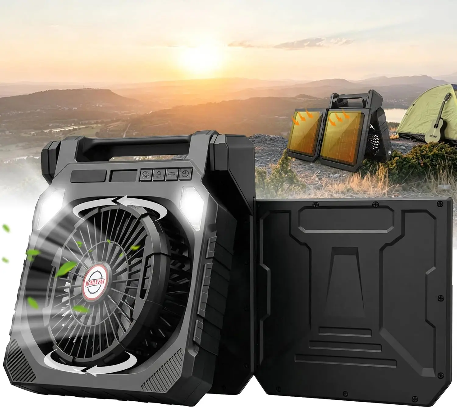 10" Rechargeable Solar Camping Fan with LED Light - 22000mAh Portable Table Fan, Dual Solar Panels, LED Display, 180° Adjustable Head, Camping Gear for Outdoor Picnic, Rechargeable Fan