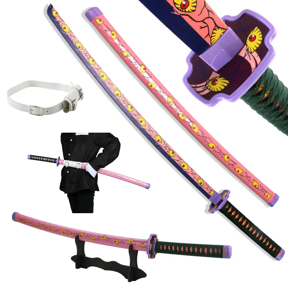Anime Demon Slayer Kokushibou Bamboo Wooden Katana Sword - 41in Cosplay Prop with Belt Holder, Display Stand, Dull Blade, Plastic Handle, 1.1lb (Fencing Leisure Outdoor Recreation Equipment)