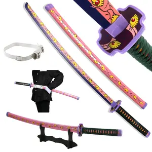 Anime Bamboo Wooden Demon Slayer Sword Kokushibou 41 inches Cosplay with Belt Holder Stand Display Dull Blade Plastic Handle