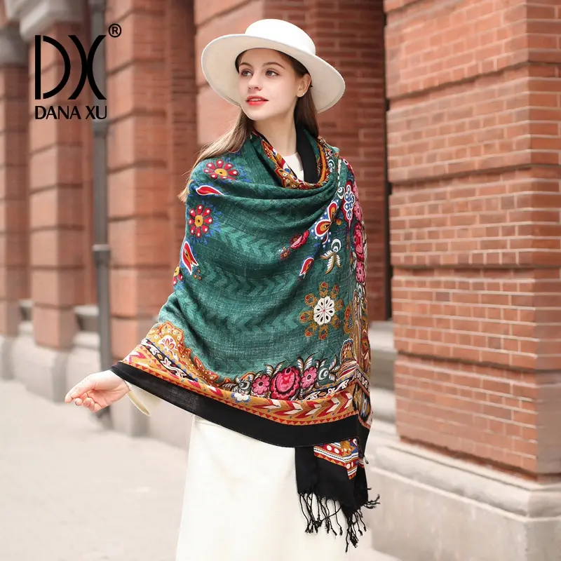DANA XU 100% Merino Wool Extra Large Pashmina Blanket Travel Scarf Cashmere Wrap for Women Fall Winter Oversize Shawl Floral Fashionable