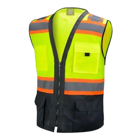 High Visibility Tricolor Yellow Knit Fabric Reflective Safety Vest - Durable Construction, Work Safety Gear, Construction Clothes, ID Pocket (Runs a Bit Small on 3XL and 4XL)