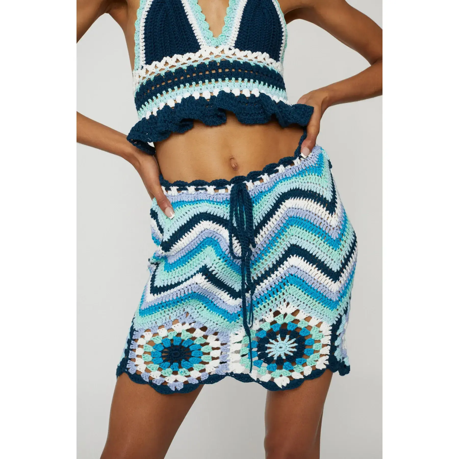 Women's Hand-Crocheted Colorful Mini Skirt - Short & Top Set Component, GSS786