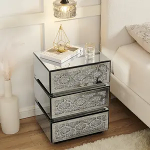 Mirrored Bedside Nightstand, Modern Side Table with 3 Drawers, Silver Accent End Table with Crushed Diamonds for Bedroom, Dorm and Living Room, 17.7" W x 13.8" D x 23.6" H