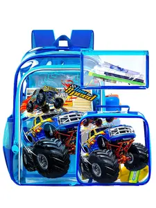 Boys' Blue Monster Truck Transparent Backpack Bundle, School Bag with Lunch Box & Pen Case, Kids' School Supplies Set, Clear Backpack