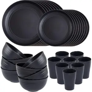 Wheat Straw Dinnerware Sets,Plates and Bowls Set, Dish Sets for 8, Unbreakable Plate for 8 Dishwasher Safe,Reusable Dinnerware Black-16pcs Plates, 8pcs Bowls, 8pcs Cups.