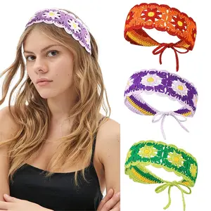 Women's 3-Piece Knitted Floral Headband Set - Handmade Daisy Hair Wraps, Bohemian Crochet Hair Accessories with Flowers for Daily Use