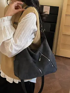 Vintage Simple Women's Tote Bag, Versatile Solid Color Large Capacity Shoulder Bag, Lightweight Casual Crossbody Bag for Shopping Commuting