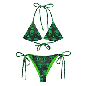 Alien UFO String Bikini Set – Green & Black All-Over Print | Halter Tie Top & Side-Tie Bottom | Eco-Friendly Recycled Swimwear | Y2K Quirky Novelty Aesthetic | Women's Fun Summer Beach Festival Outfit & Gift for Her