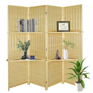 4 Panel Room Divider with Storage Display Shelves Folding Privacy Screen Freestanding Partition Wall for Bedroom Living Room Home Office, Natural