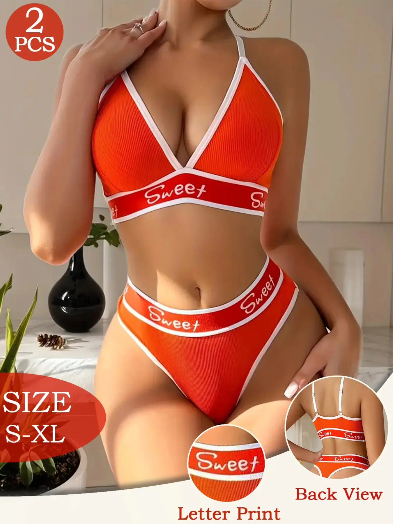 Women's 2 Piece Wireless Bralette & Thong Set, Ribbed Sweet Letter Print Lingerie, Colorblock Printed Underwear, Adjustable Strap Y2K Bra and Panty Set for Daily Wear, Orange, S-XL