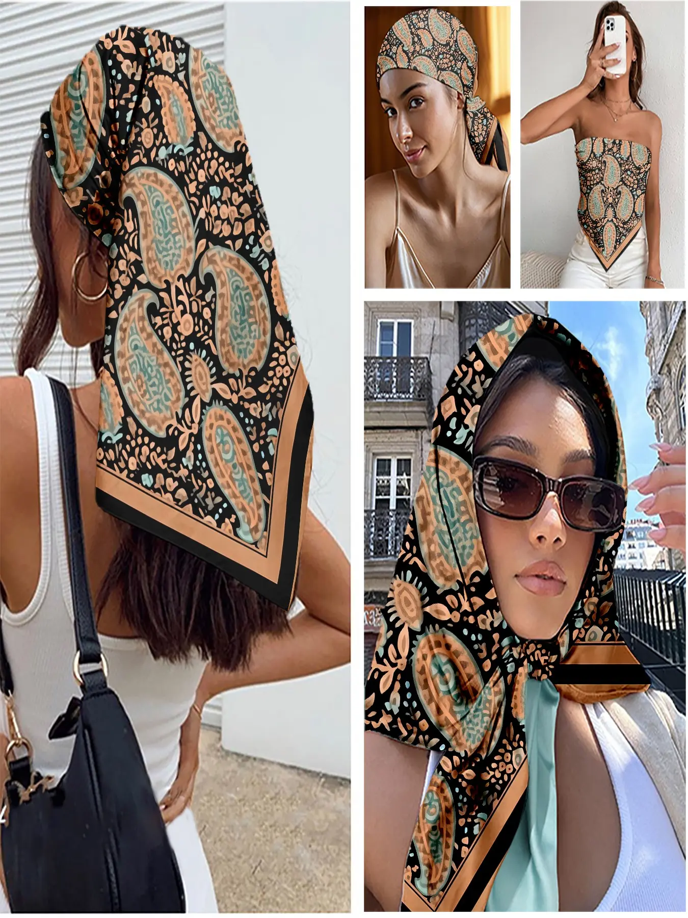 Scarf for Hair, Head, Neck and Handbag- Scarves for Women with paisley pattern in black, peach and turquoise, Versatile Shawl in retro - ornate style, Perfect as a Bandana for casual outings, summer festivals, or daily trendy looks