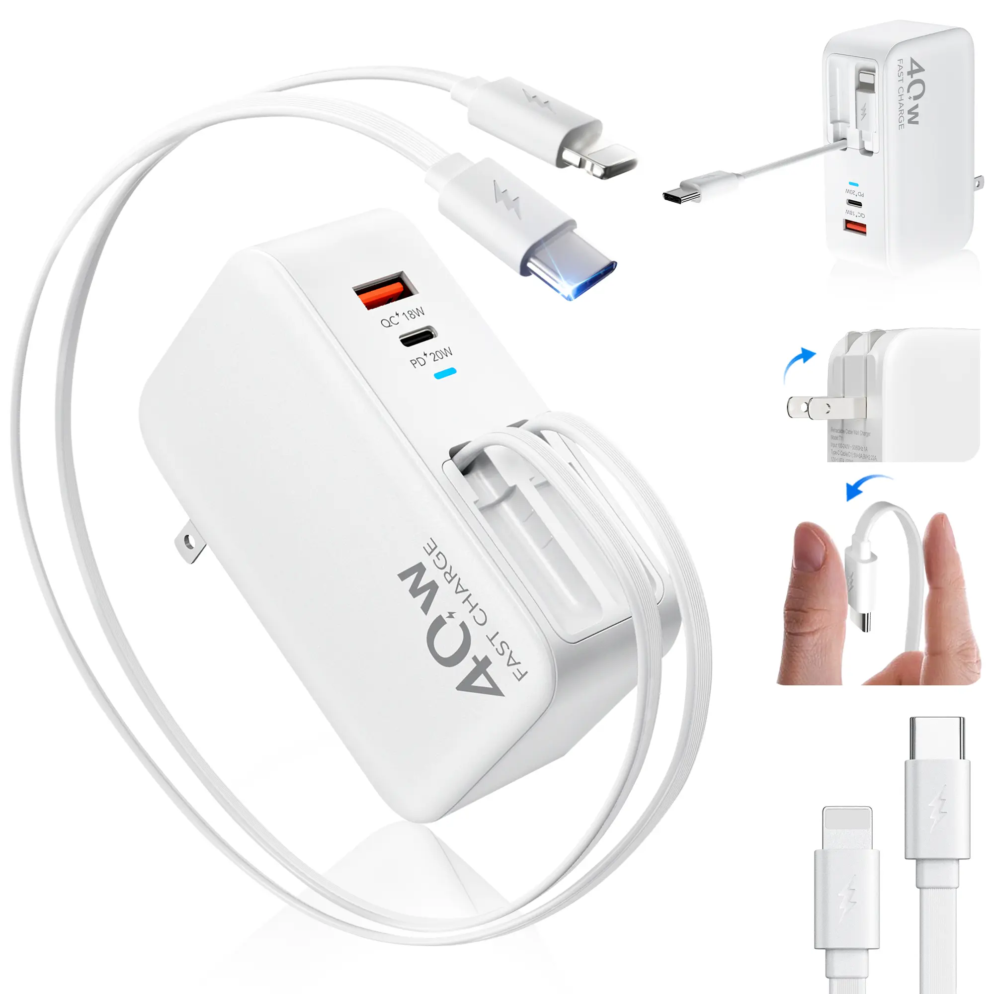 SPGUARD 4-in-1 Retractable 78W MAX Fast Charging Foldable Plug Charger Adapter - Dual USB Ports, 90cm Lightning & Type-C Cables, Wide Compatibility for iPhone 17/16/15, iPad, Galaxy, Pixel, Smartphone, Cellphone & Mobile Devices