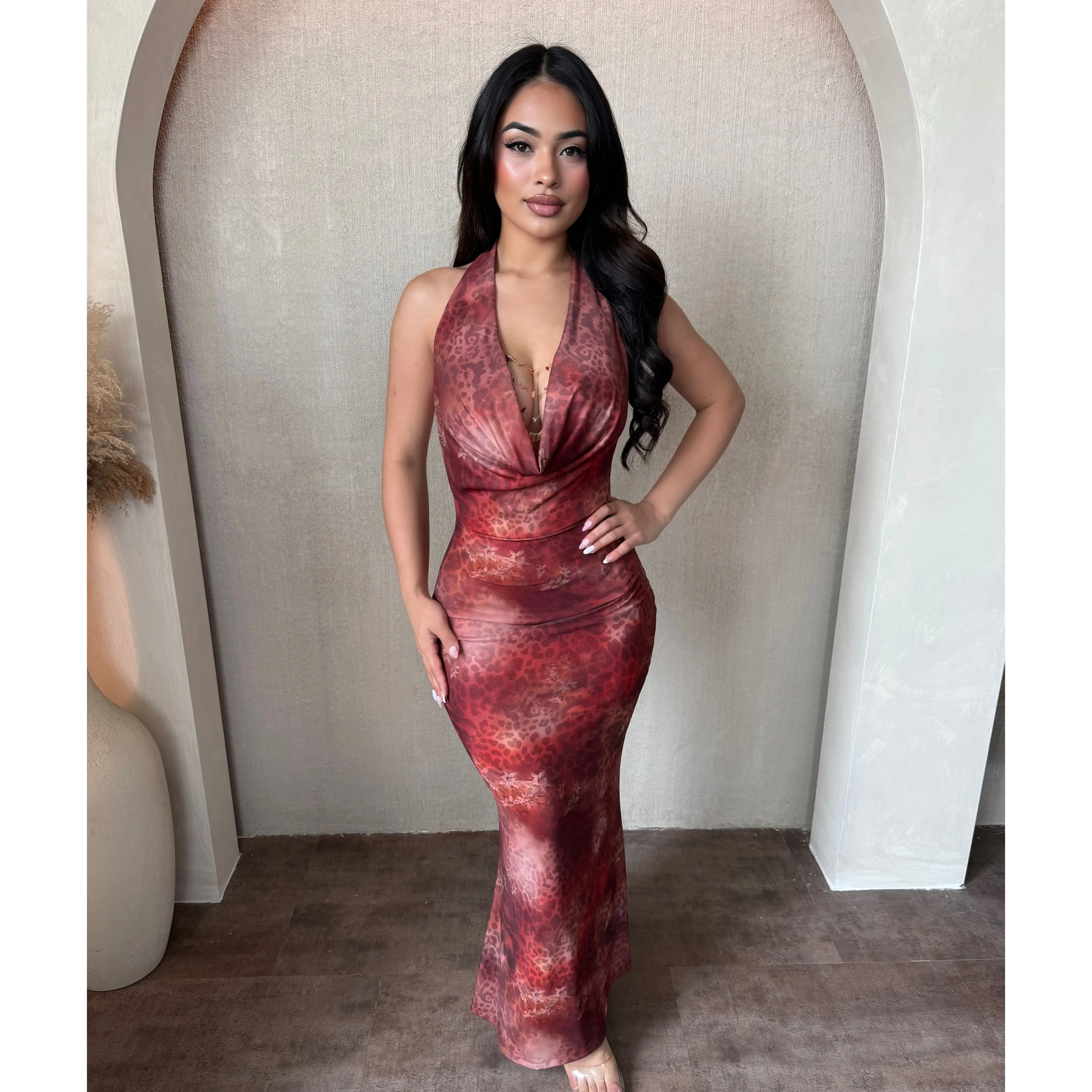 Veronica Mesh Halter Dress (Rust)