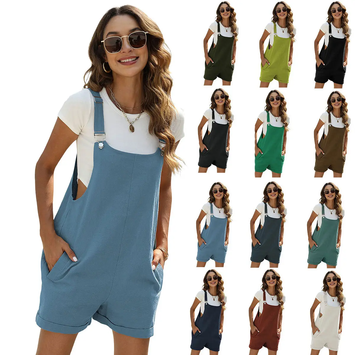 Ommig Women's Casual Loose Linen Shortalls, Scoop Neck Summer Bib Overalls with Adjustable Straps and Pockets, Overalls For Women, Short Overalls