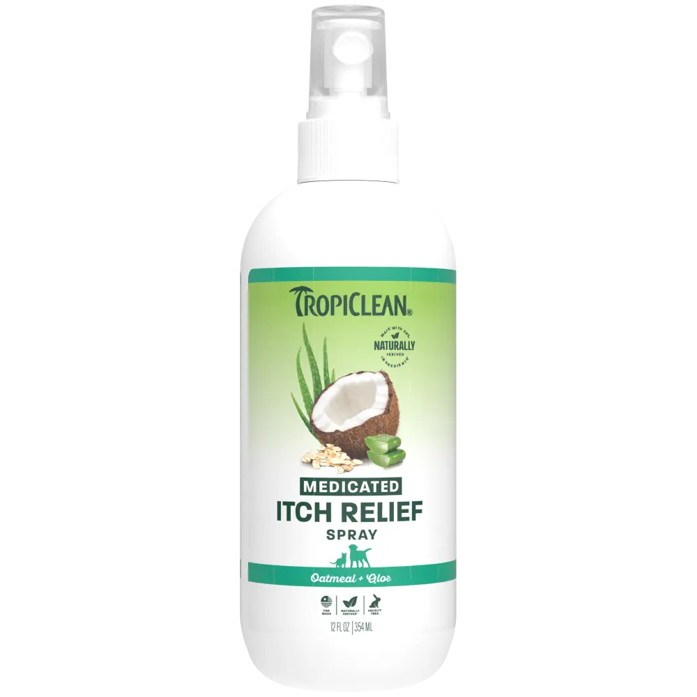 TropiClean Aloe + Oatmeal Medicated Itch Relief Spray, Deodorizing Dog Perfume with Soothing Aloe, 12oz