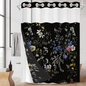 1pc hookless shower curtain with buckle lining, spring black background with colorful floral patchwork design, 2D flat printing, fabric waterproof lining, see-through double-layer, 71 x 74 inches, modern home curtain, Bathroom curtain