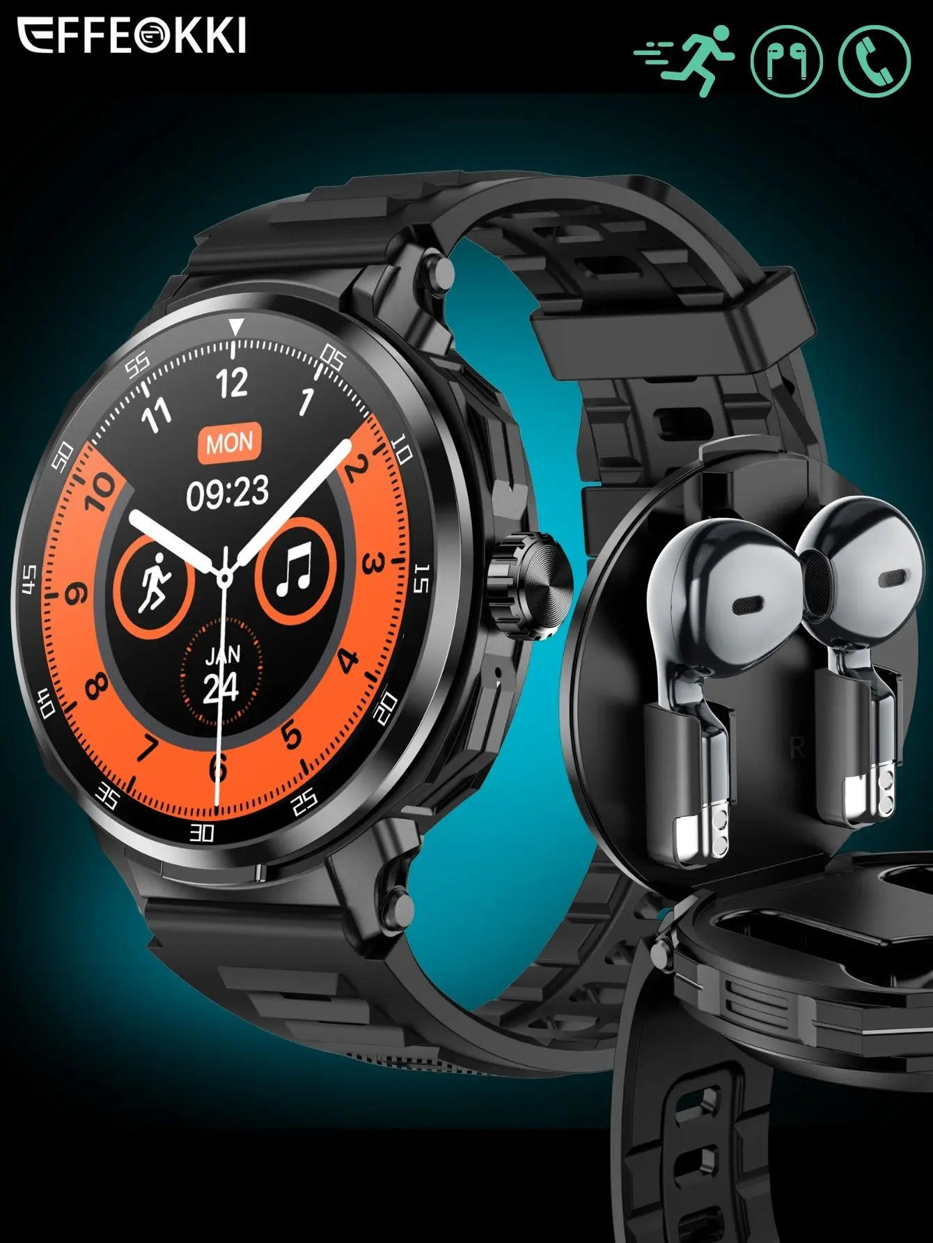 Men’s 2-in-1 Plastic Wearable Smartwatch & Earbuds Electronic Gift Set - 1.46" Round Touch Screen, Wireless Call, Fitness Tracking, Multi-Sport Modes (Music, Hiking, Badminton, Elliptical Machine), NFC, Cam, iOS/Android Compatible, Black Option