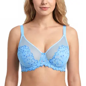 HSIA Winter Sonata Unlined Plus Size Sexy Pretty Embroidered Soft Lace Bra Underwire Support Bra Full Coverage Upgraded Breathable Skin-Friendly Sheer Mesh Minimizer Bra All-Day Comfort for Large Bust