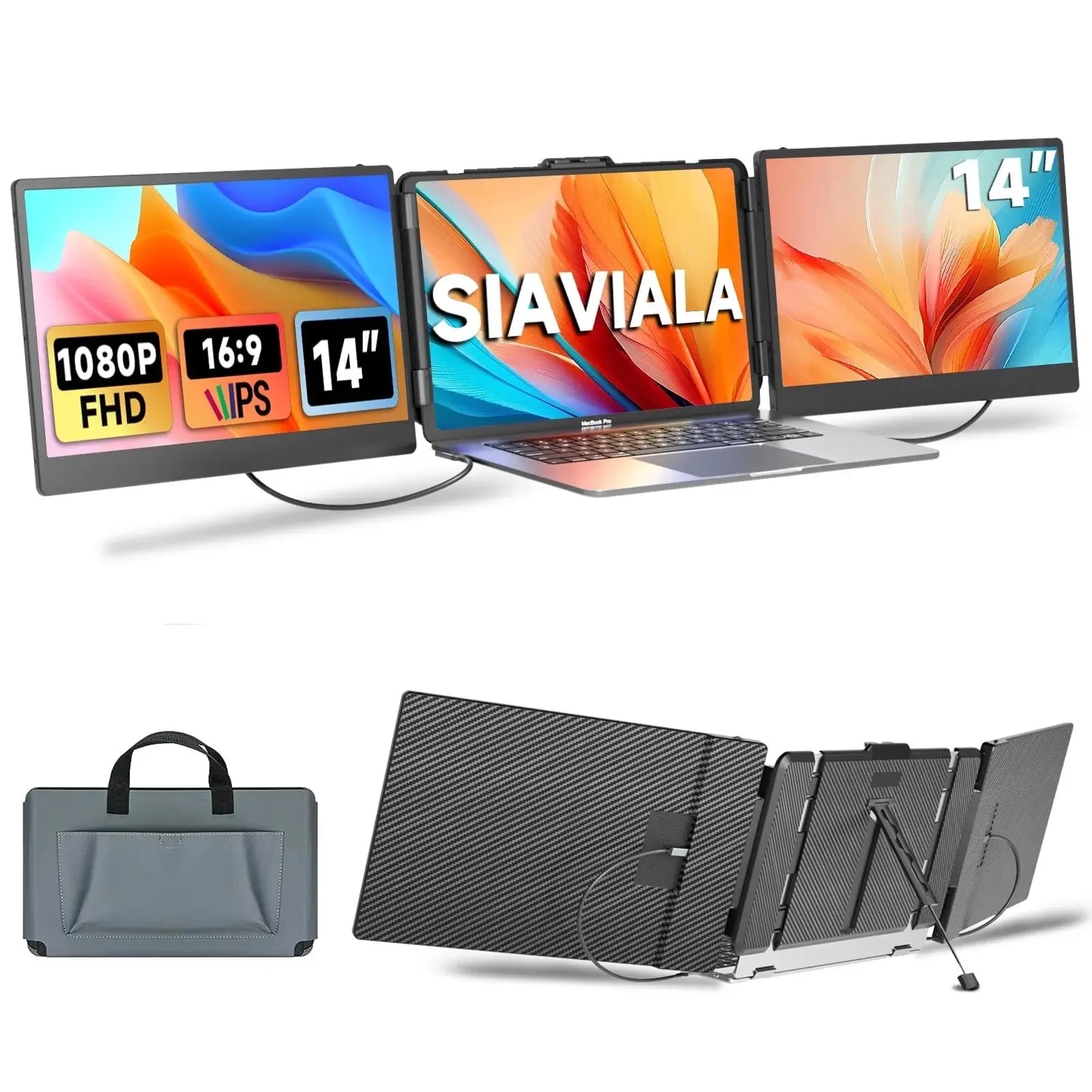 Laptop Screen Extender Monitor, 14" IPS Triple Portable Monitor for Laptop Extension, 1080P FHD Dual Monitor Screen for 13"-17.3" Laptops, Type-C/USB-A/HDMI Plug & Play for   windows/Mac/Chrome